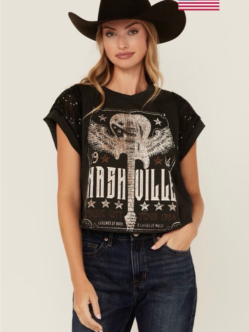 Originality Black Nashville Graphic Sequin Sleeve Crop Tee